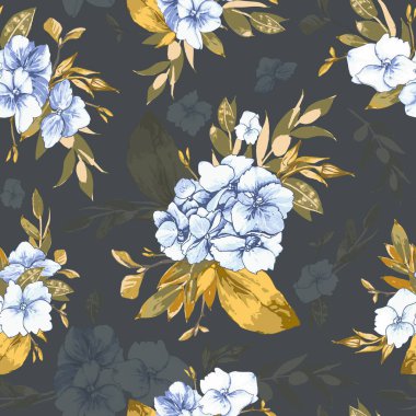 Vektör seamless modeli, çiçek mavi ortanca ve koyu sarı yaprakları. İllüstrasyon ile gri arka plan üzerinde çiçek oluşturma. Tekstil, iç mekan, ambalaj kağıdı ve diğer tasarım kullanın.