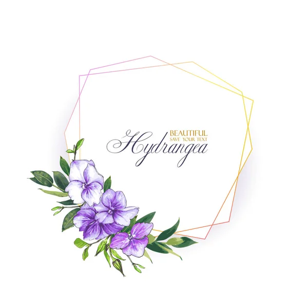 結婚式の招待状 バイオレット ライラック色のテンプレートを挨拶のアジサイと花のベクトルの背景 美しい花 アジサイと葉の組成を持つ幾何学的なフレーム — ストックベクタ