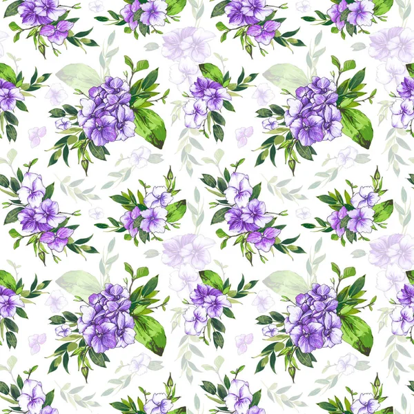 Patrón Sin Costura Vectorial Floreciendo Púrpura Hortensia Violeta Follaje Verde — Vector de stock