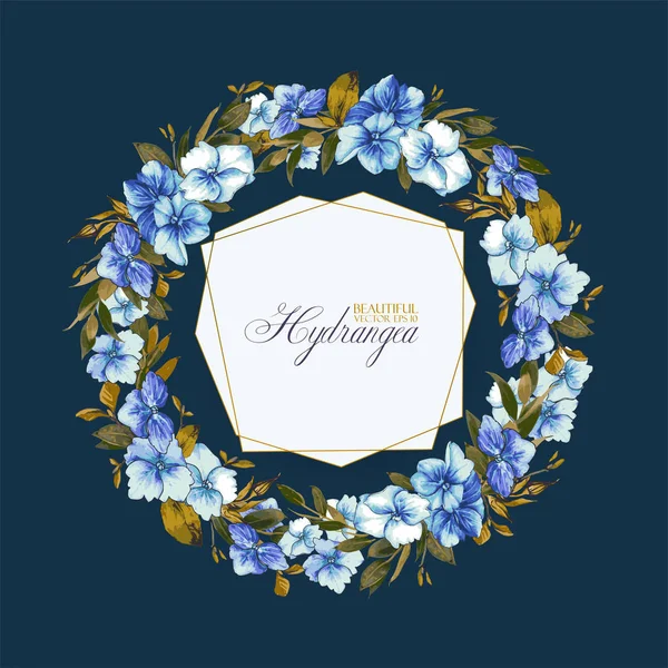 Hortenzia Esküvői Meghívó Üdvözlő Sablon Kék Okker Színű Virág Vector — Stock Vector