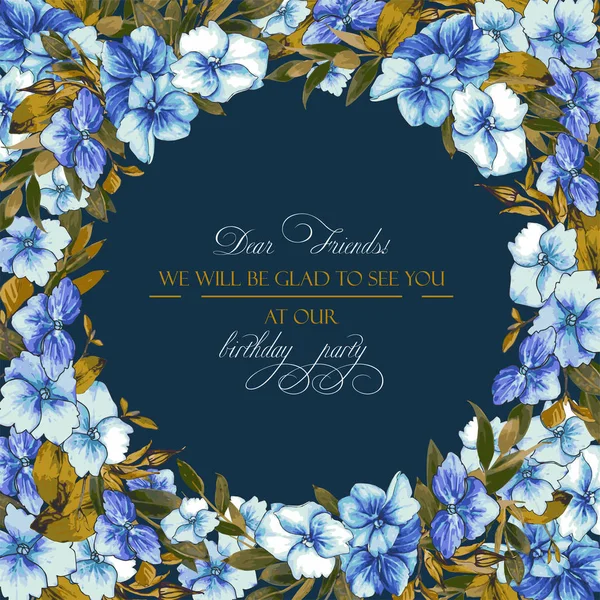 花向量背景与绣球花婚礼邀请 问候模板在蓝色和 Ocher 圆框架花环与美丽的花朵 绣球花和叶子的组成 — 图库矢量图片