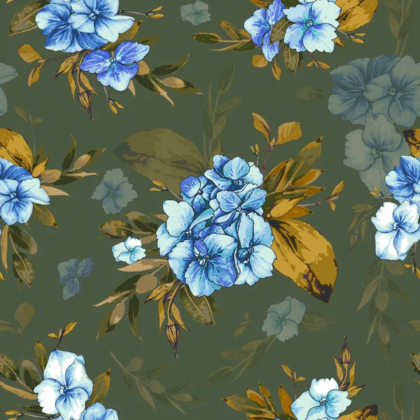 Векторный Бесшовный Рисунок Цветущий Голубой Гортензии Охристой Листвы Иллюстрация Цветочной — стоковый вектор
