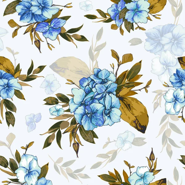 Patrón Sin Costura Vectorial Hortensias Azules Florecientes Follaje Ocre Ilustración — Archivo Imágenes Vectoriales