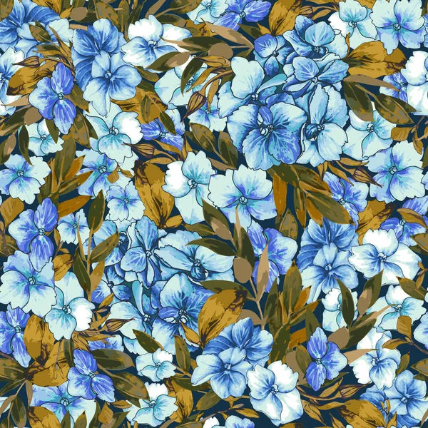 Vector Sömlösa Mönster Blommande Blå Hortensia Och Ockra Bladverk Illustration — Stock vektor