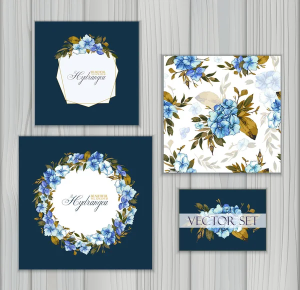 ご挨拶や結婚式への招待のベクトル テンプレートと青いアジサイと つのシームレスなパターンのセットです 招待状 フレームおよび創造的な独自のデザインの花柄要素 — ストックベクタ