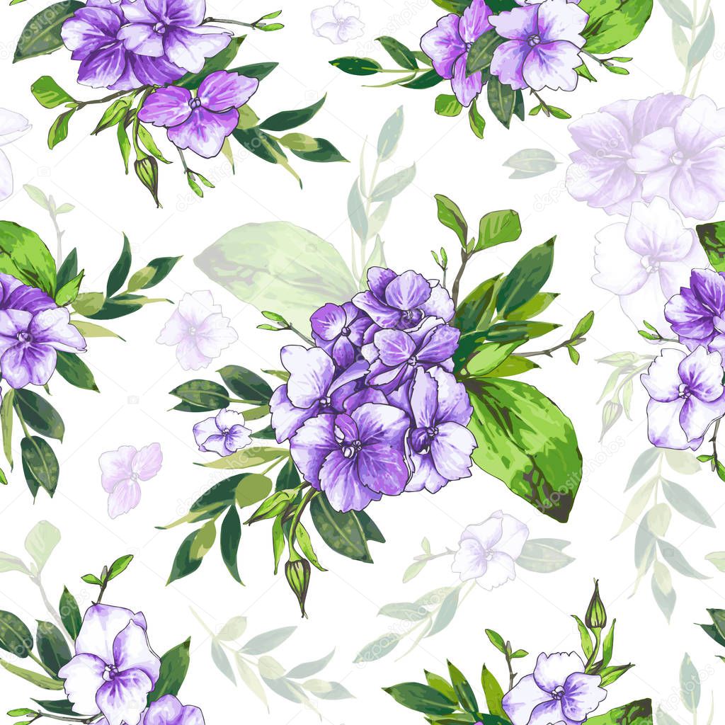 Vector seamless pattern, blooming purple, violet hydrangea and green foliage. Illustration with floral composition on a white background. Use in textiles, interior, wrapping paper and other design.