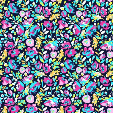 Vector seamless pattern with blooming abstract magenta, cyan flowers and yellow  leaves on navy background. Boho style. Use in textiles, interior, wrapping paper and other design. clipart