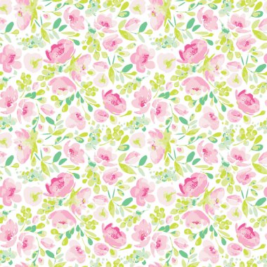 Vektör seamless modeli, çiçeklenme krem pembe çiçekler ve yeşil bitki örtüsü. Resimde beyaz zemin üzerine çiçek kompozisyon ile. Tekstil, iç mekan, ambalaj kağıdı ve diğer tasarım kullanın.