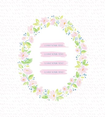Selamlar veya güzel pembe soyut çiçeklerle düğün davetleriniz için vektör arka plan. Yaratıcı kendi tasarım oval çelenk, çerçeve ve çiçek öğeleri ile davetiye kartı.