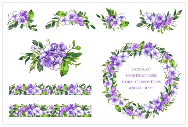 矢量设置与花卉无缝边框 圆形框架和组成的紫色绣球花和绿色无叶 用于卡片 邀请函 纺织品 印花等的设计 — 图库矢量图片