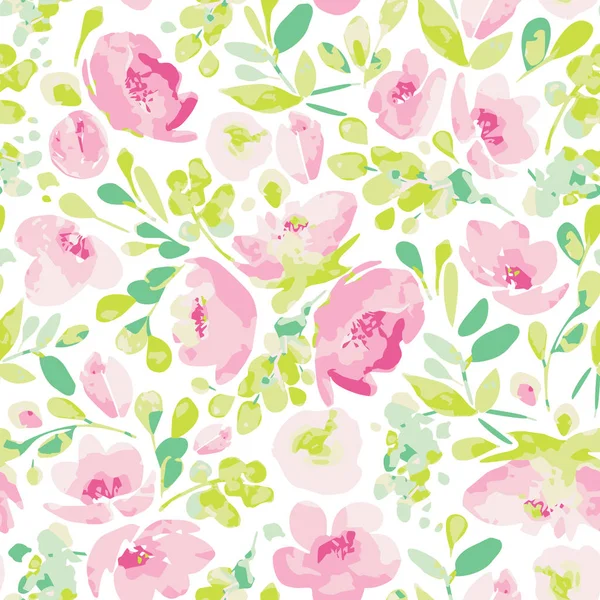 矢量无缝模式 绽放奶油粉红色的花朵和绿色的叶子 在白色背景上与花卉构成的例证 用于纺织品 包装纸和其他设计 — 图库矢量图片