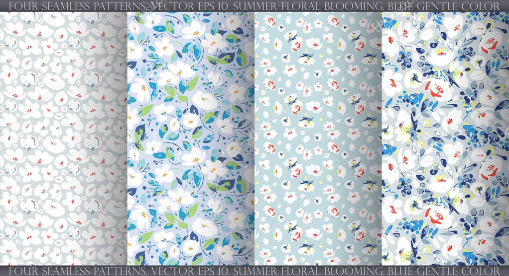 Set with four vector seamless patterns, abstract gentle white flowers on dusty blue, gray background. Use in textiles, interior, wrapping paper and other design.