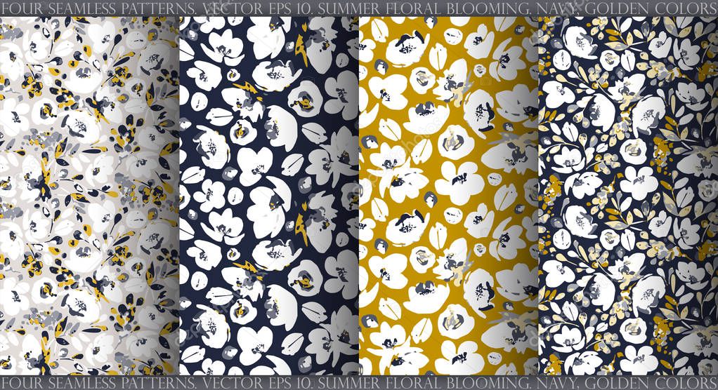 Set with four vector seamless patterns, abstract gentle white flowers on dark blue, gentle gray and mustard background. Use in textiles, interior, wrapping paper and other design.