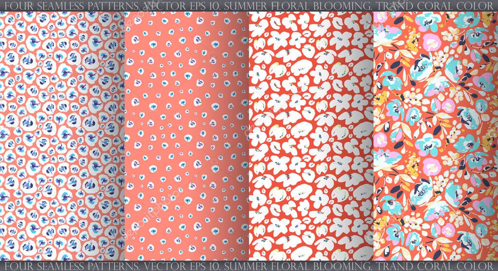 Set with four vector seamless patterns, abstract white flowers on trand coral background. Use in textiles, interior, wrapping paper and other design.