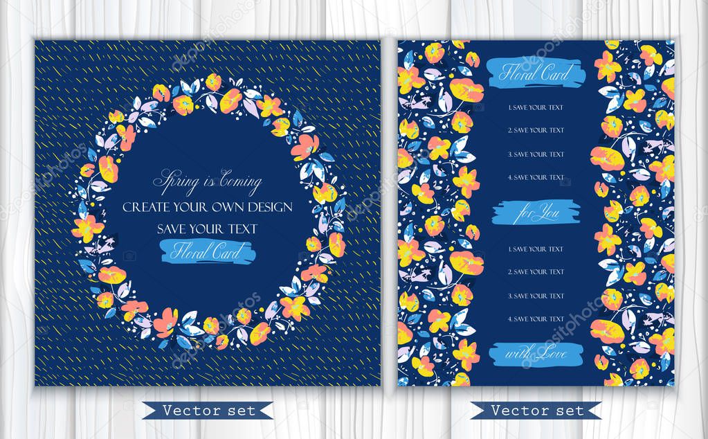 Vector set of two greeting cards or invitations with lovely abstract coral, yellow flowers and blue, purpur leaves on navy background. Round frame. Use in textiles, interior, wrapping paper and other design.