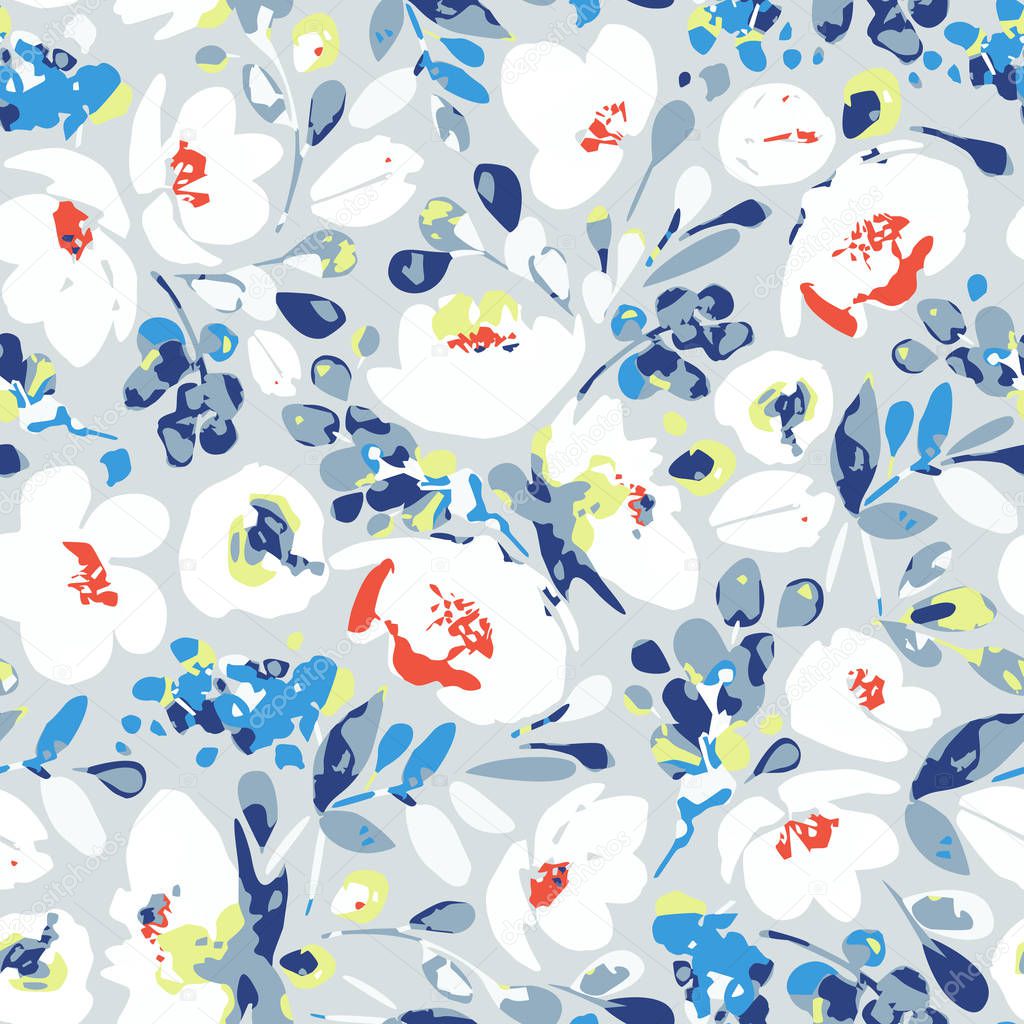 Vector seamless pattern, blooming abstract white flowers and blue, indigo foliage. Illustration with floral composition, shapes and spots on light gray background. Use in textiles, interior, wrapping paper and other design.