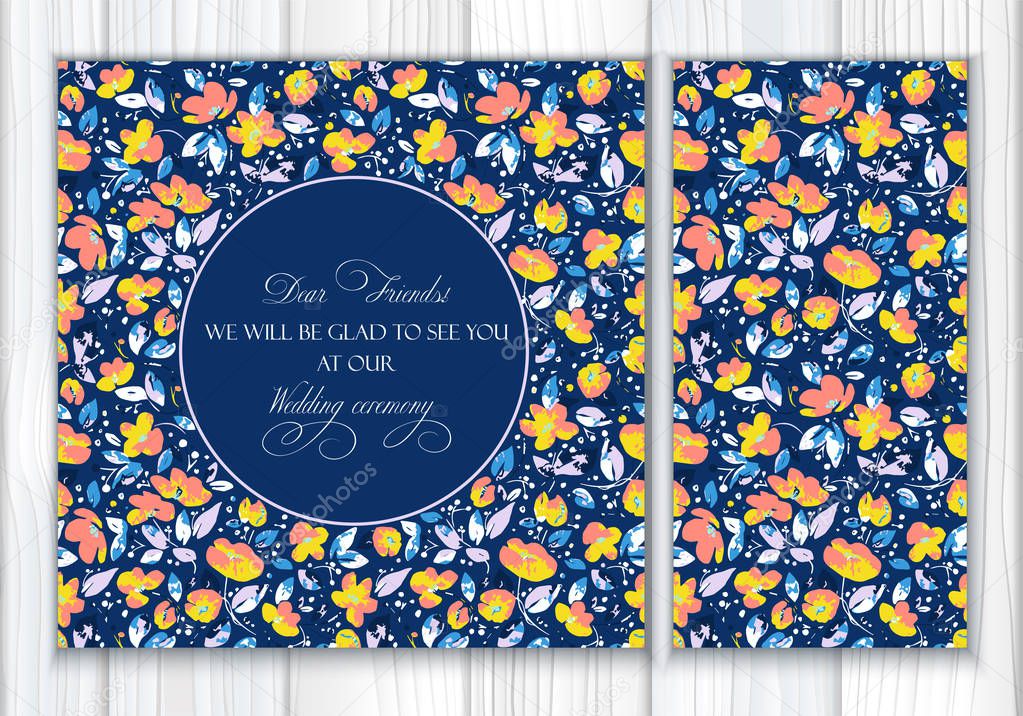 Vector set of seamless pattern and greeting card or invitation with lovely abstract coral, yellow flowers and blue, purpur leaves on navy background. Use in textiles, interior, wrapping paper and other design.