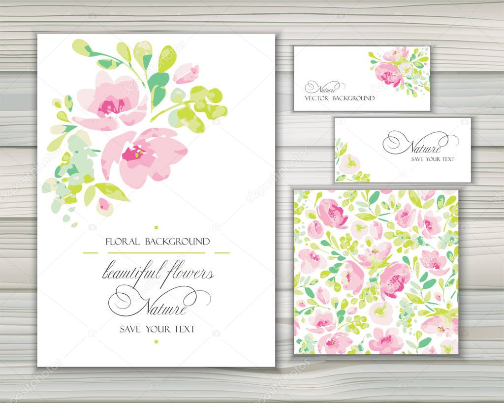 Set of vector backgrounds for greetings or invitations  with lovely abstract pink flowers,  shapes and spots. Greeting templates and seamless pattern with gentle blooming.