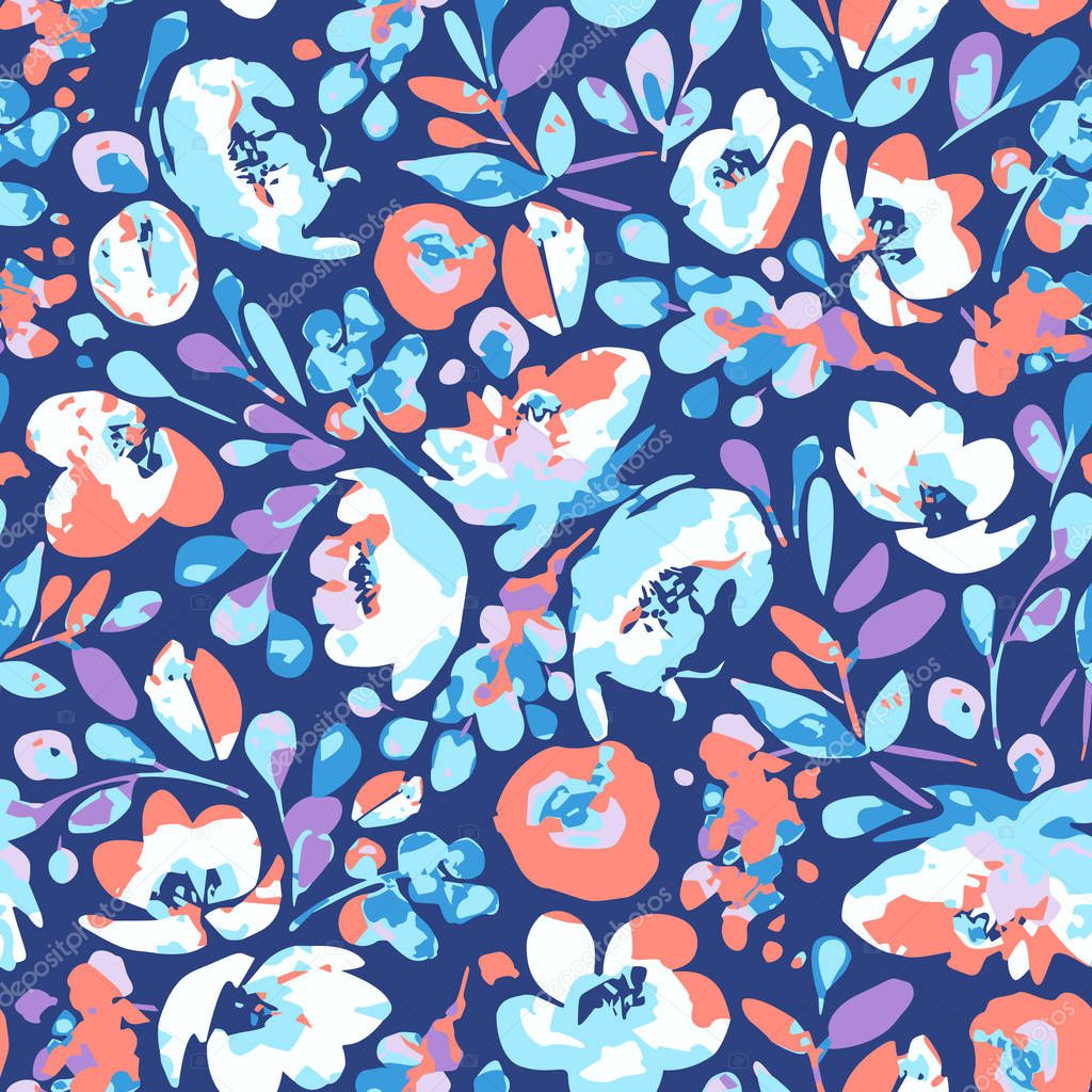 Vector seamless pattern, blooming absract white, blue flowers and violet, coral foliage. Illustration with floral composition, shapes and spots on navy background. Use in textiles, interior, wrapping paper and other design.