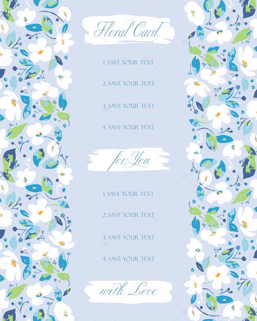 Vector background for greetings or invitations to the wedding with lovely abstract white flowers. Invitation card with soft, blue, gentle colors, template for creative own design.