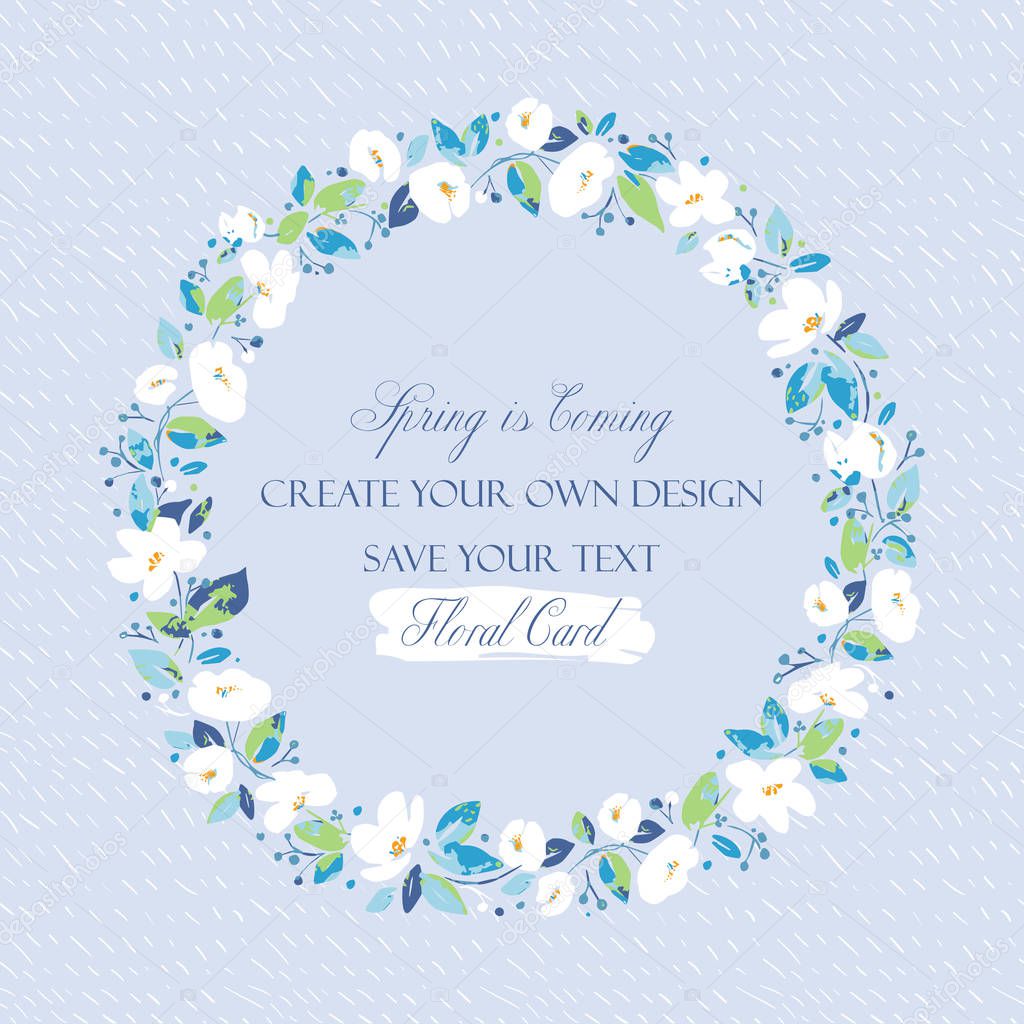 Vector background for greetings or invitations to the wedding with lovely white abstract flowers. Invitation card with wreath, frame and floral elements for creative own design.