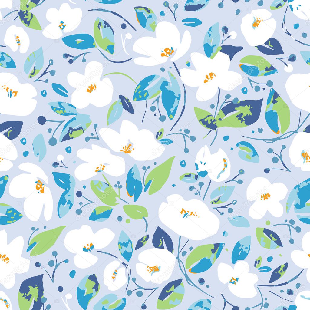 Vector seamless pattern, blooming white flowers and blue foliage. Illustration with floral composition on creamy violaceous background. Use in textiles, interior, wrapping paper and other design.