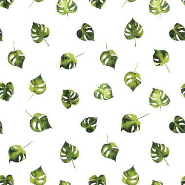 Monstera soyut ve stilize yeşil tropikal yaprakları ile Vektör dikişsiz desen. Egzotik bitkiler ile yaz arka plan. Tekstil, iç, ambalaj kağıdı ve diğer tasarımlarda kullanım.