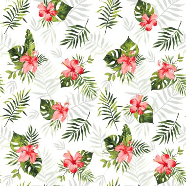 Muz, monstera ve kırmızı ebegümeci çiçek soyut ve stilize yeşil tropikal yaprakları ile Vektör dikişsiz desen. Egzotik bitkiler ile yaz arka plan. Tekstil, iç, ambalaj kağıdı ve diğer tasarımlarda kullanım.