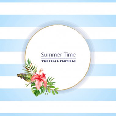 Suluboya yuvarlak çerçeve, mavi çizgili muz, monstera, palmiye ve kırmızı ebegümeci yeşil tropikal yaprakları ile kart. Egzotik bitkiler ve metin, reklam ve bilgi için yer ile Yaz şablonu.