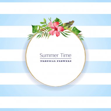 Suluboya yuvarlak çerçeve, mavi çizgili muz, monstera, palmiye ve kırmızı ebegümeci yeşil tropikal yaprakları ile kart. Egzotik bitkiler ve metin, reklam ve bilgi için yer ile Yaz şablonu.