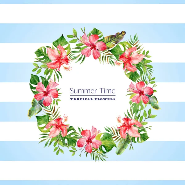 Watercolor striped background with floral wreath, card with green tropical leaves of banana, monstera, palm and red hibiscus. Summer template with exotic plants and place for text, advertising and information.