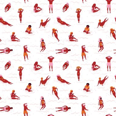 Sahilde insanlarla sorunsuz desen. Düz vektör çizimi. Denizde yaz tatili, güneşlenme kız ve kırmızı derili erkek.