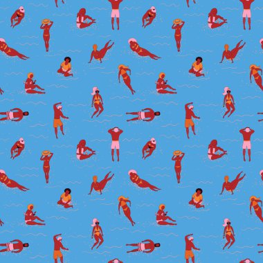 Sahilde insanlarla sorunsuz desen. Düz vektör çizimi. Denizde yaz tatili, güneşlenme kız ve kırmızı derili erkek.