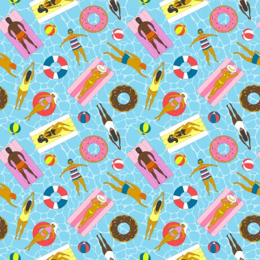 Şişme yataklar, donutlar, yüzükler üzerinde yüzme insanlar ile dikişsiz desen. Düz vektör çizimi. Denizde yaz tatili, güneşlenme kız ve erkek.