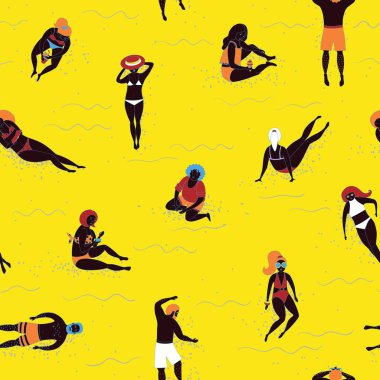 Sahilde insanlarla sorunsuz desen. Düz vektör çizimi. Denizde yaz tatili, siyah tenli kız ve erkek güneşlenme.