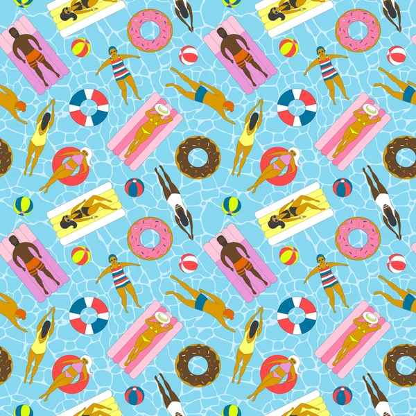 Seamless Pattern Swimming People Inflatable Mattresses Donuts Rings Flat Vector — Stock Vector