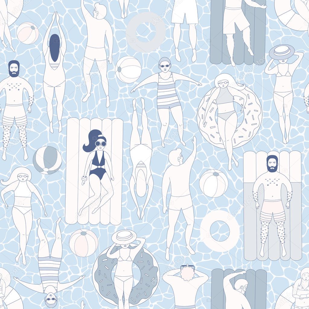 Seamless pattern with swimming people on inflatable mattresses, donuts, rings. Flat vector illustration in pastel gentle blue colors. Summer vacation at sea, sunbathing girls and boys.