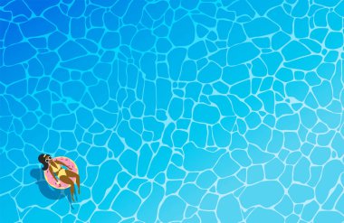 Koyu tenli, sarı mayo ve güneş gözlüğü bir donut şeklinde şişme daire içinde esmer kadın denizde veya havuzda yüzer. Yukarıdan görüntüleyin. Düz vektör çizimi. Minimalizm.