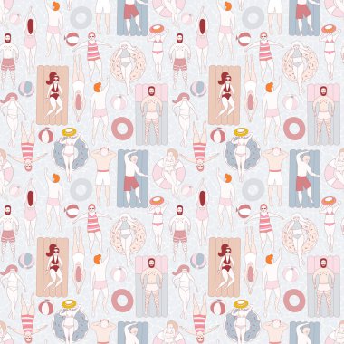 Şişme yataklar, donutlar, yüzükler üzerinde yüzme insanlar ile dikişsiz desen. Pastel nazik renklerde düz vektör çizimi. Denizde yaz tatili, güneşlenme kız ve erkek.