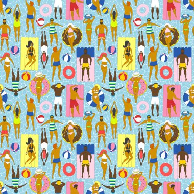 Şişme yataklar, donutlar, yüzükler üzerinde yüzme insanlar ile dikişsiz desen. Düz vektör çizimi. Denizde yaz tatili, güneşlenme kız ve erkek.