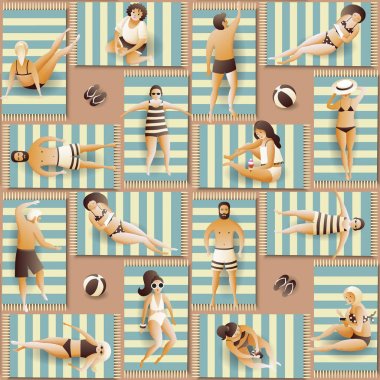 Sahilde insanlarla sorunsuz desen. Düz vektör çizimi. Tatil beldesinde yaz tatili, kilim ve paspaslar üzerinde kız ve erkek güneşlenme.