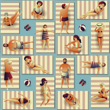 Sahilde insanlarla sorunsuz desen. Düz vektör çizimi. Tatil beldesinde yaz tatili, kilim ve paspaslar üzerinde kız ve erkek güneşlenme.