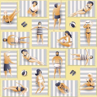 Sahilde insanlarla sorunsuz desen. Düz vektör çizimi. Tatil beldesinde yaz tatili, kilim ve paspaslar üzerinde kız ve erkek güneşlenme.