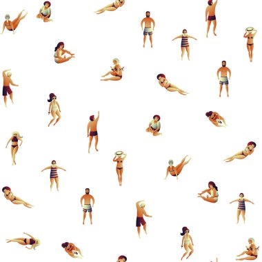 Sahilde insanlarla sorunsuz desen. Düz vektör çizimi. Tatil beldesinde yaz tatili, güneşlenme kız ve erkek.