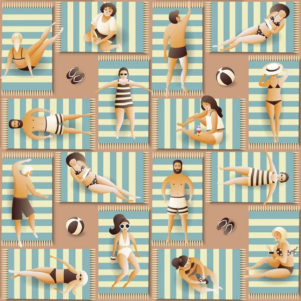 Sahilde insanlarla sorunsuz desen. Düz vektör çizimi. Tatil beldesinde yaz tatili, kilim ve paspaslar üzerinde kız ve erkek güneşlenme.