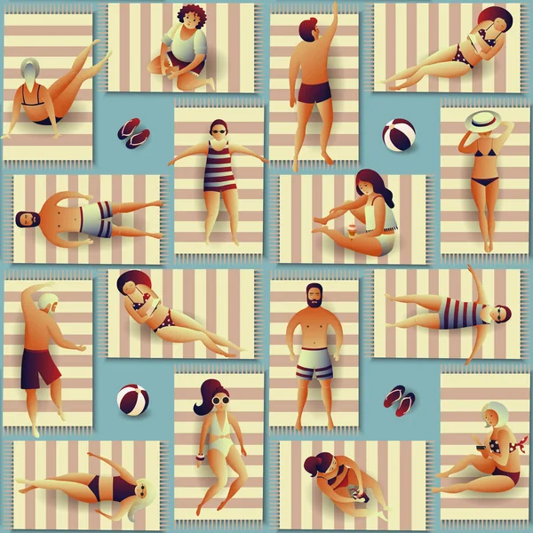 Nahtlose Muster Mit Menschen Strand Flache Vektordarstellung Sommerurlaub Resort Sonnenbaden — Stockvektor