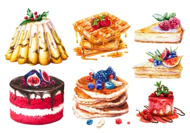 Suluboya kek seti, tatlı hamur işleri. Elle çizilmiş krep, bal ve cheesecake ve bal kek parçaları, berry reçel kek, Noel kek ve Red Velvet kek ile waffle.