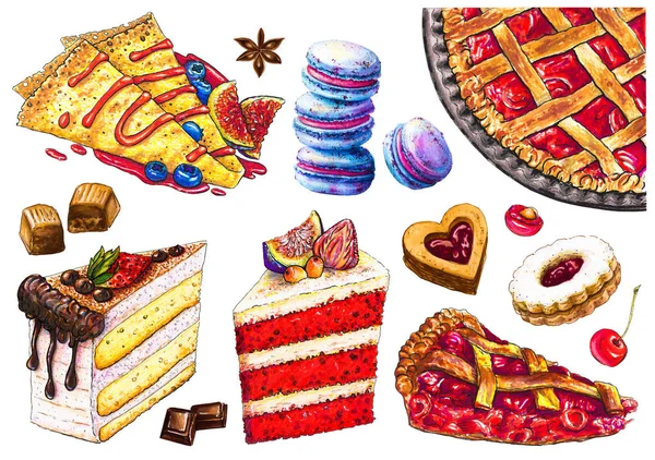 Watercolor set of cakes, sweet pastries. Hand-drawn pancakes, cherry pie and pieces of red velvet and cream cake, blue macaroons.