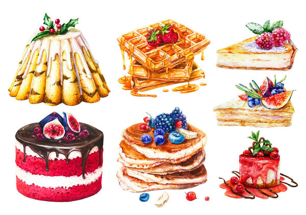 Watercolor set of cakes, sweet pastries. Hand-drawn pancakes, waffles with honey and pieces of cheesecake and honey cake, berry jam cake, Christmas cake and Red Velvet cake.
