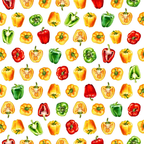 Sárga Piros Zöld Harangbors Akvarell Zökkenőmentes Minta Zöldségek Nyers Sokszínű — Stock Fotó